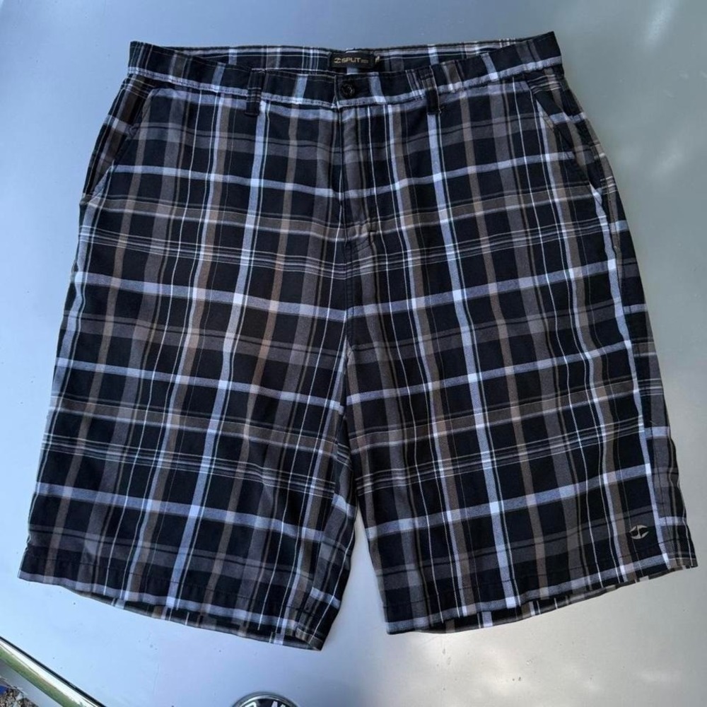 Y2K early 2000s Split skater surfer long Black brown grey plaid shorts andyirons